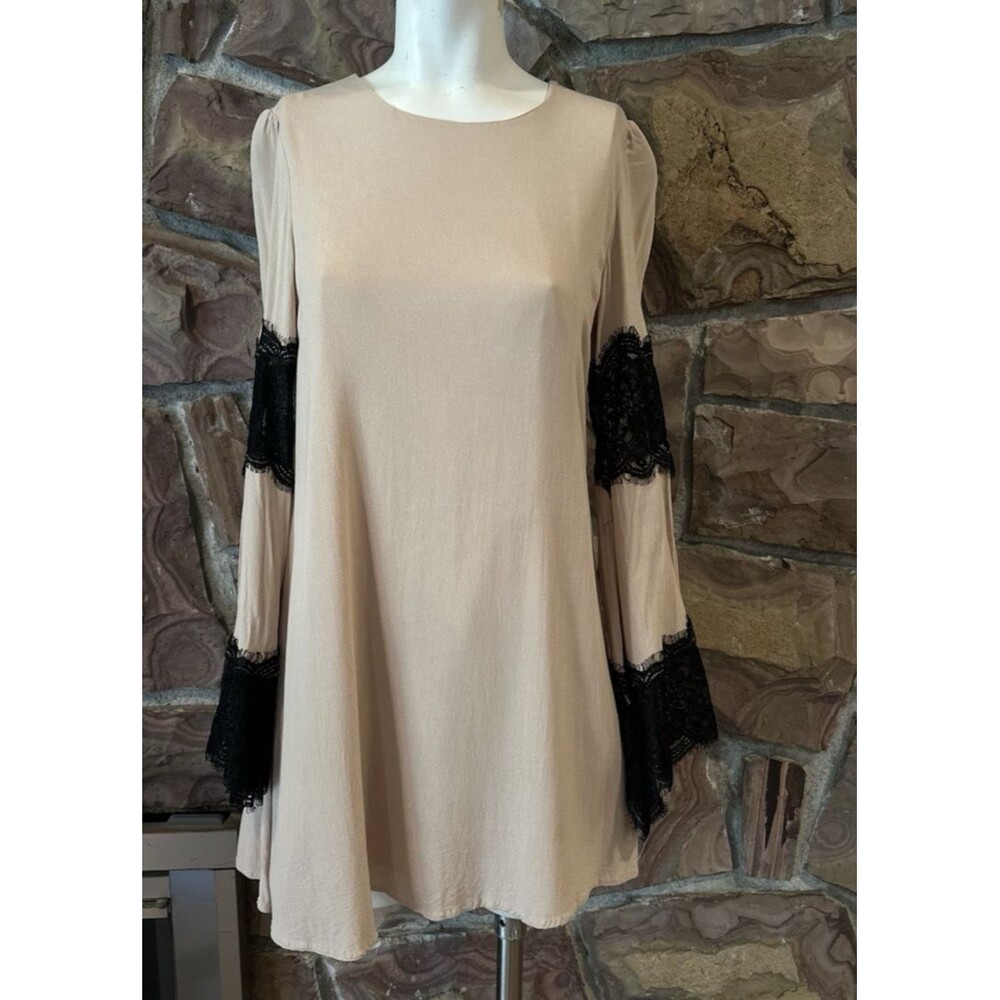 Blouson Mini DressDress beige bell Sleeve Sz Small silk lace mini dress